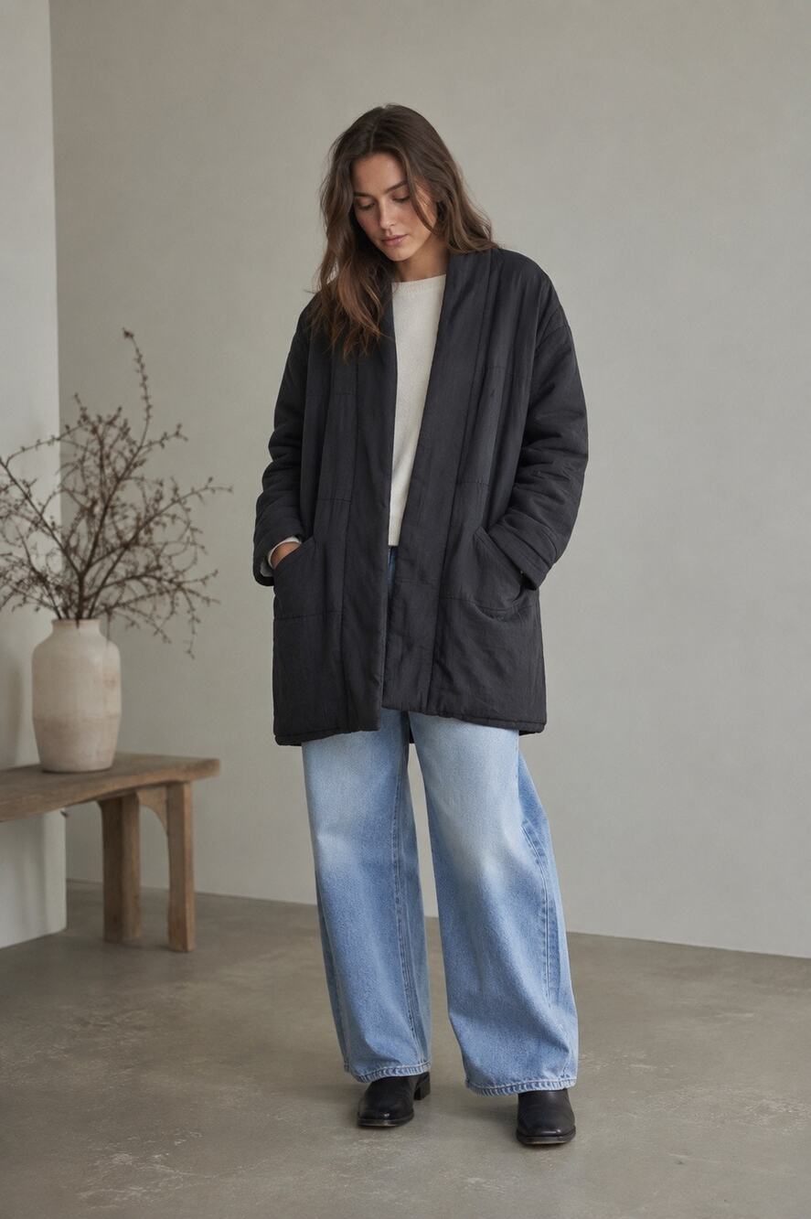 Pietsie Quilted Malmo Coat Puffer Cotton Faded Black Oversized Jacket Medium